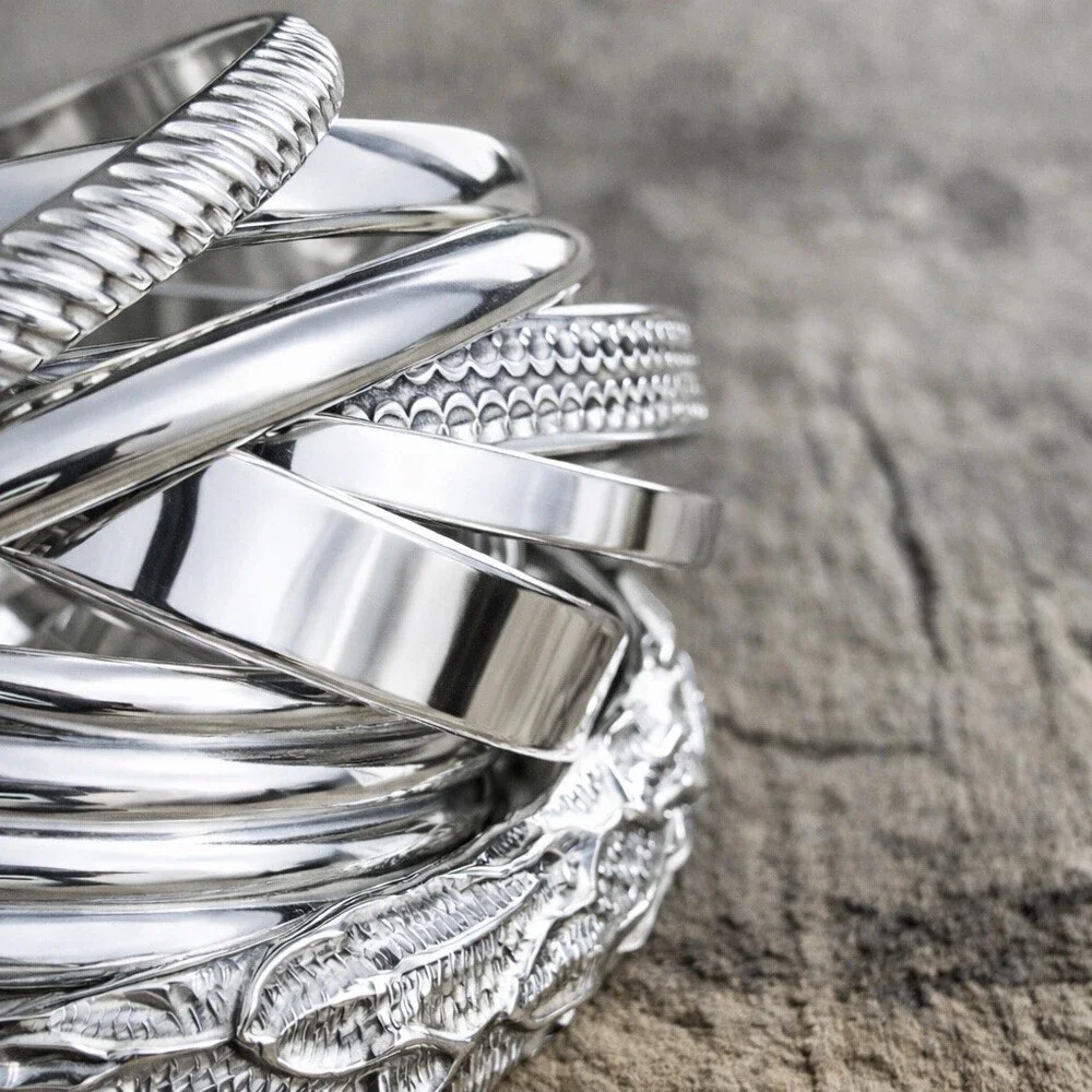 Shiny Sterling Silver Pinstripe Open Cuff Bangle Handmade 10x2mm Wide